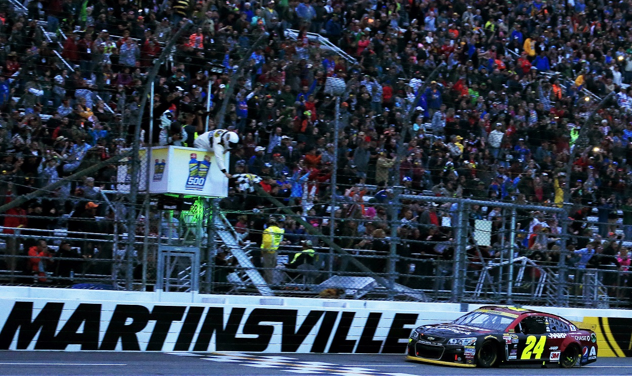 Jeff Gordon crosses the finish line at Martinsville Speedway to win the 2015 NASCAR Cup Series Goody's Headache Relief Shot 500