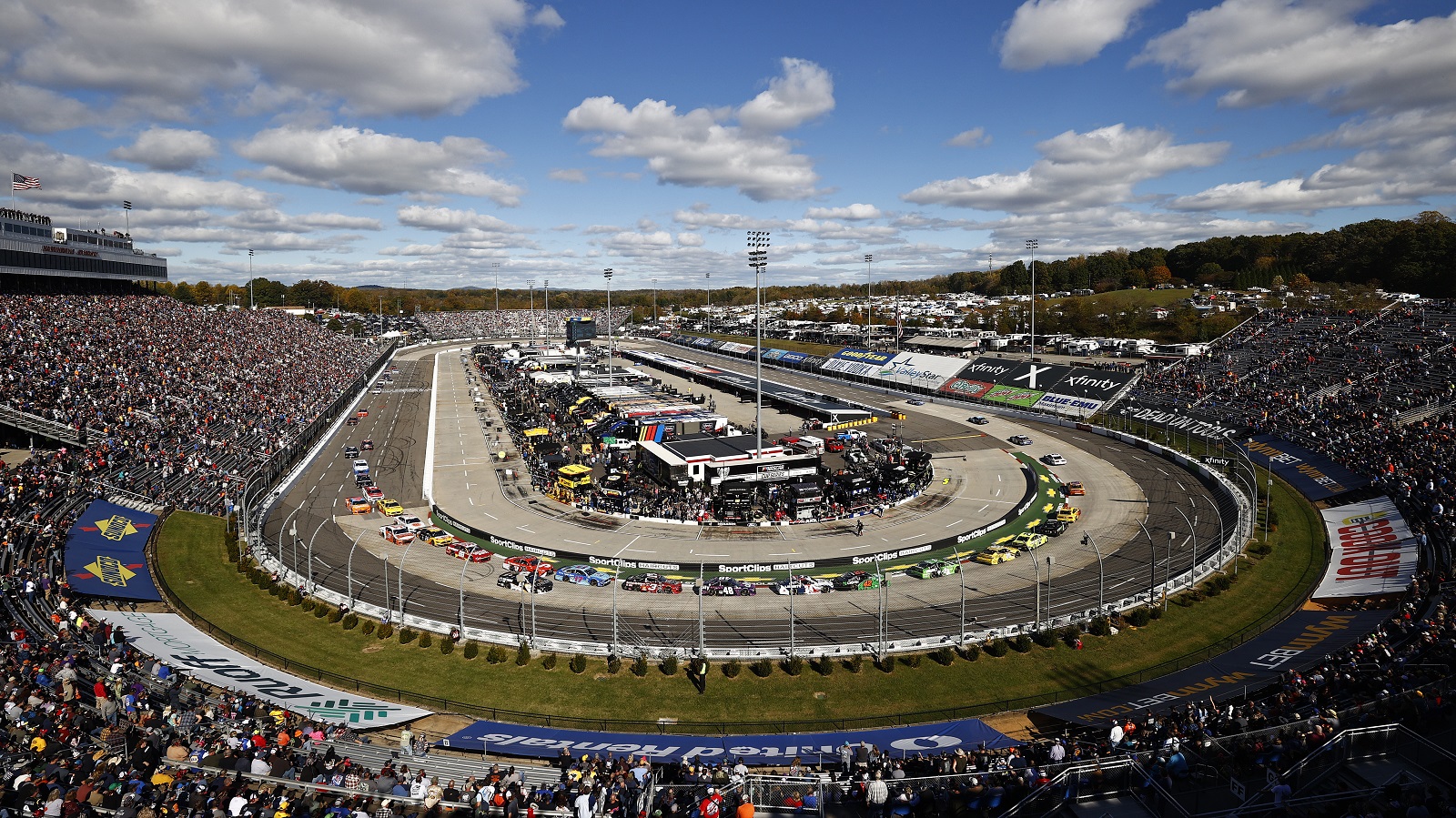 A general view of racing during the NASCAR Cup Series Xfinity 500 at Martinsville Speedway on Oct. 31, 2021, in Martinsville, Virginia.