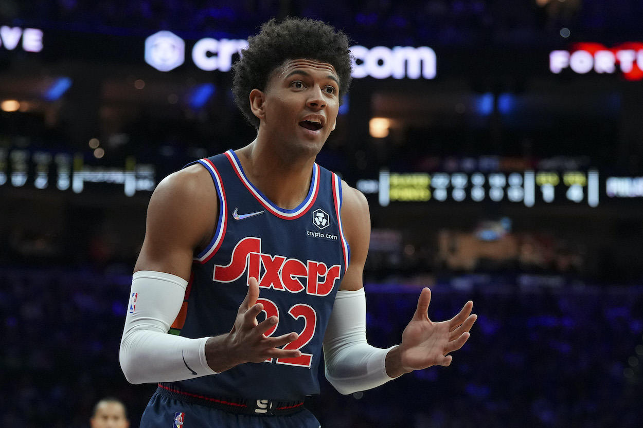 Matisse Thybulle reacts against the Pistons.