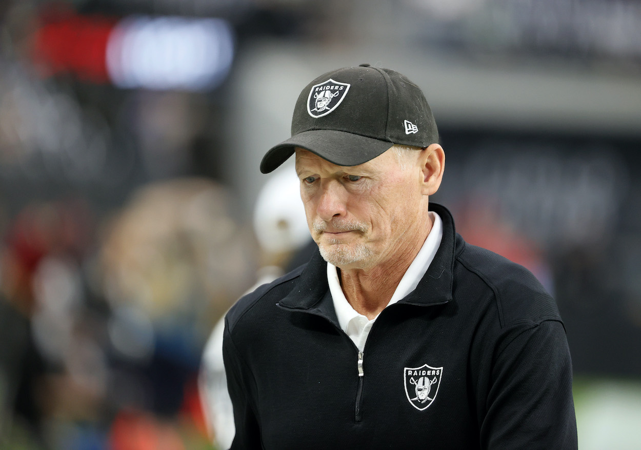 Former general manager Mike Mayock of the Las Vegas Raiders walks on the field before a game in 2021.