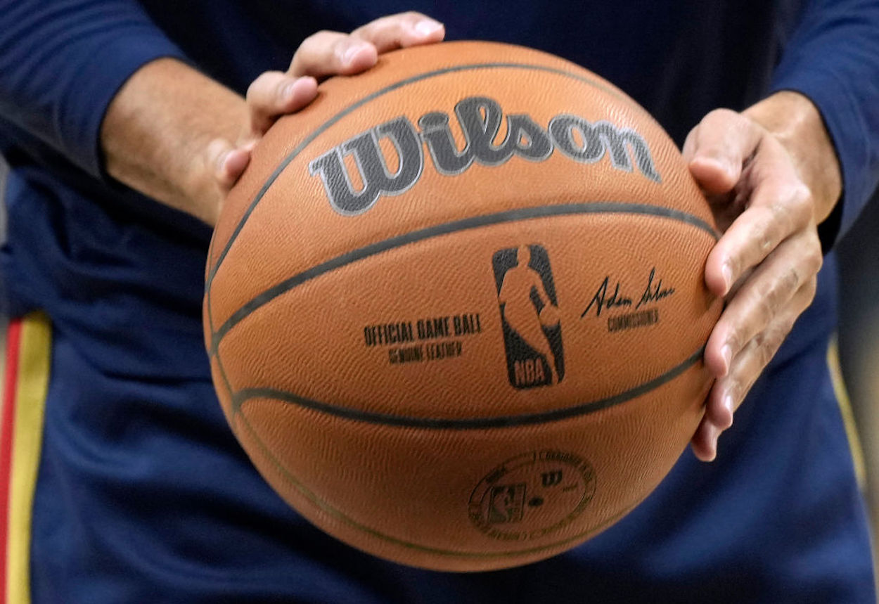 An NBA Basketball during warmups.