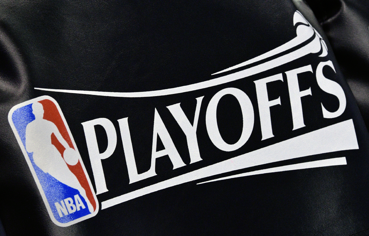 The NBA Playoffs logo during a game in 2017.