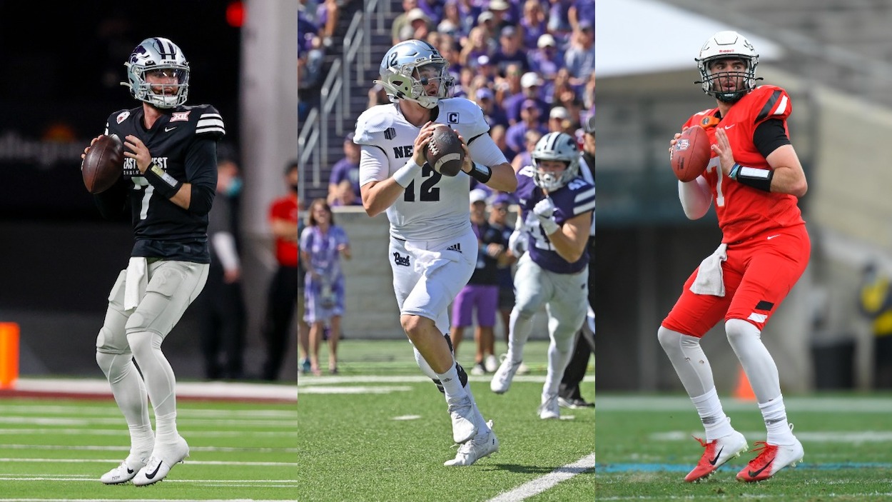 2022 NFL Draft sleeper QBs (L-R) Kansas State's Skylar Thompson, Nevada's Carson Strong, and Southeastern Louisiana's Cole Kelley.