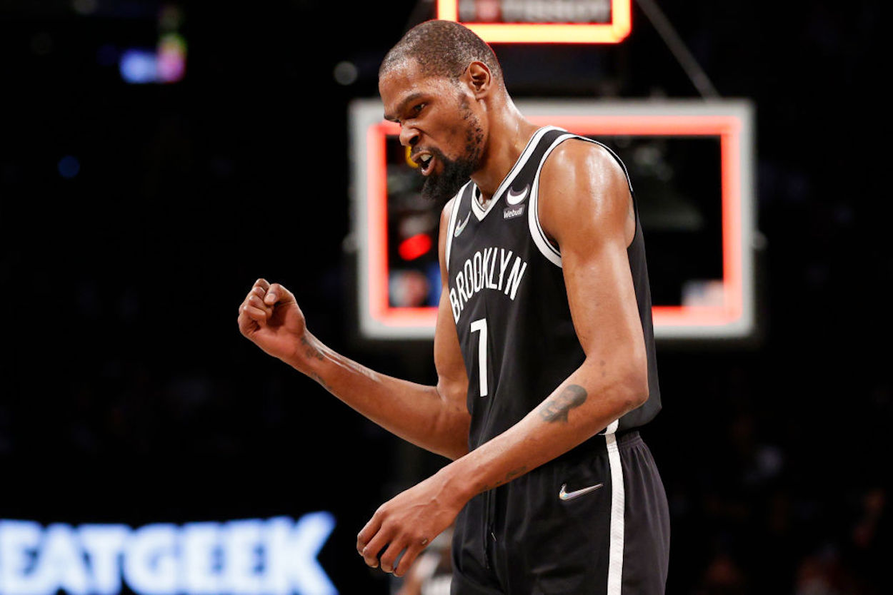 Kevin Durant pumps his fist during a Brooklyn Nets win.