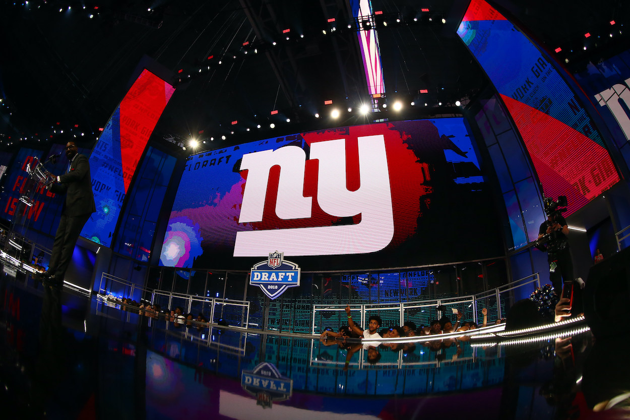 New York Giants logo on the video board during the 2018 NFL Draft.