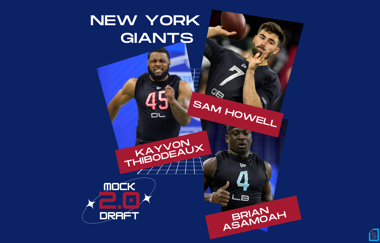 In Sportcasting.com's three-round New York Giants mock draft 2.0, selections include Oregon DE Kayvon Thibodeaux, UNC QB Sam Howell, and Oklahoma LB Brian Asamoah.
