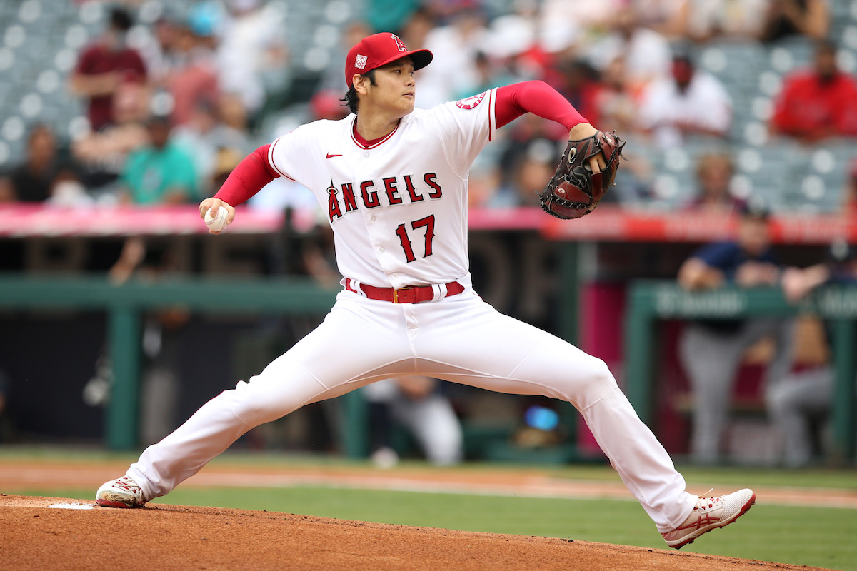 Shohei Ohtani pitches for the Los Angeles Angels
