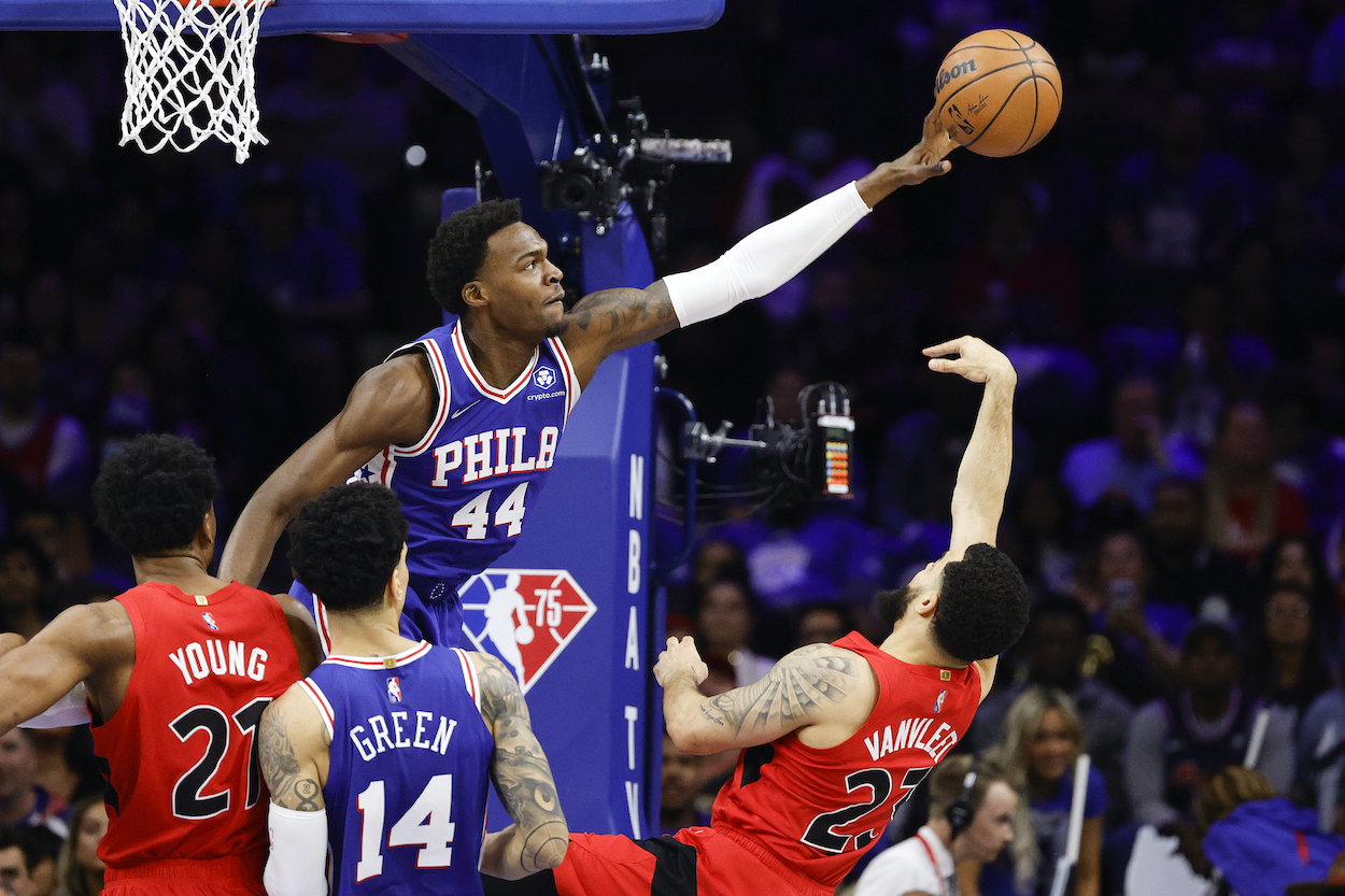 Paul Reed blocks a shot for the 76ers.