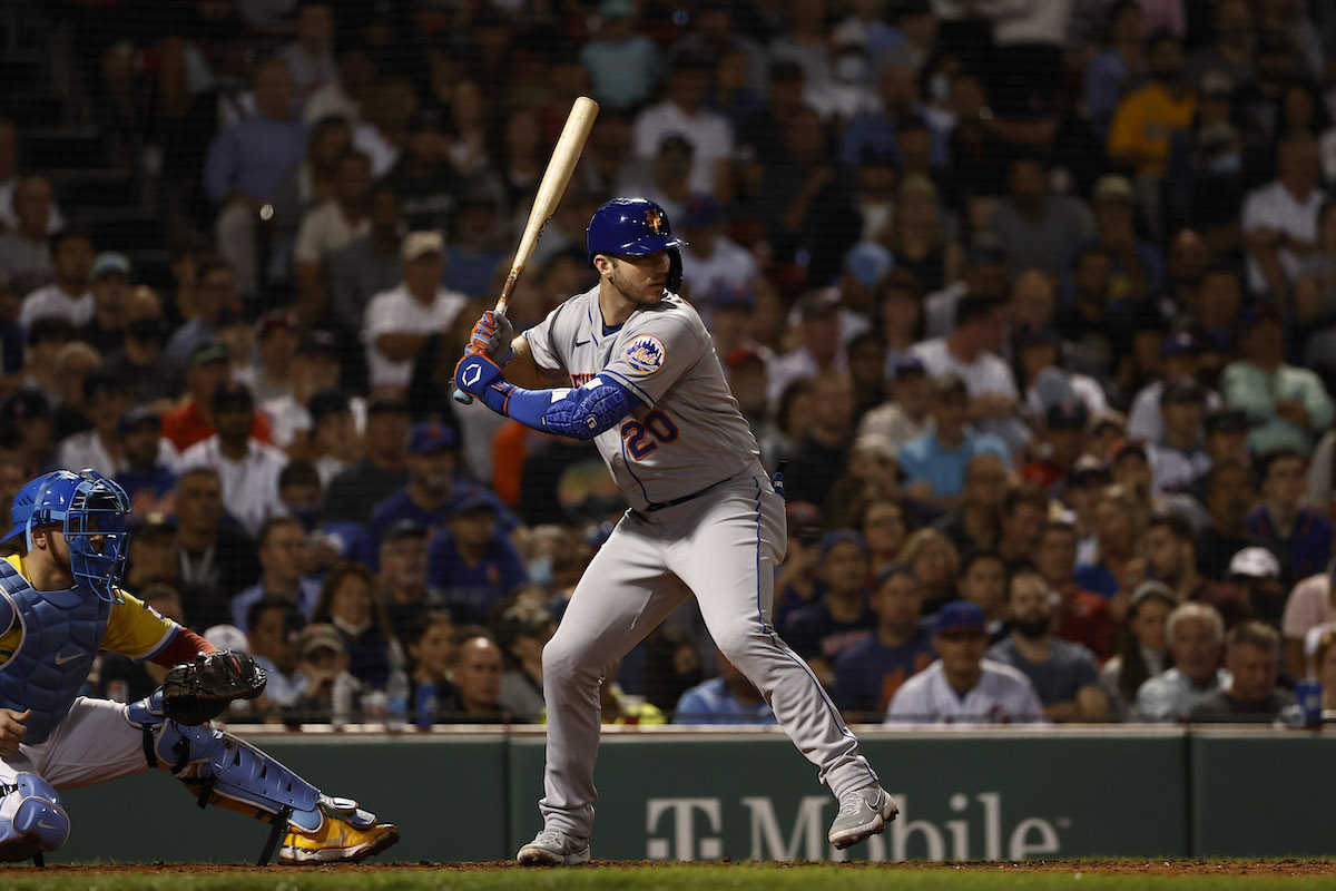Pete Alonso during an at-bat against the Boston Red Sox