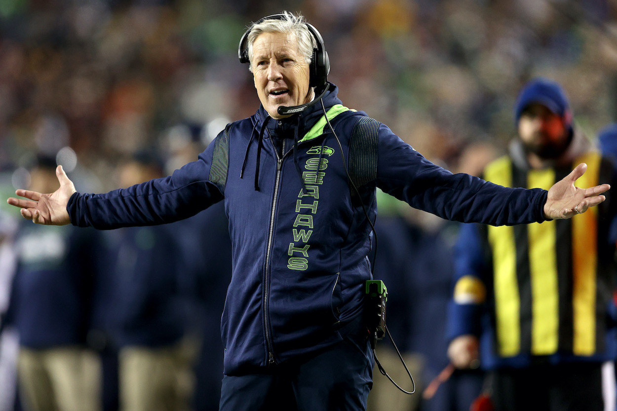 Head coach Pete Carroll of the Seattle Seahawks reacts during the second quarter of the game against the Washington Football Team in 2021. The coach recently took NFL owners to task over hiring practices.