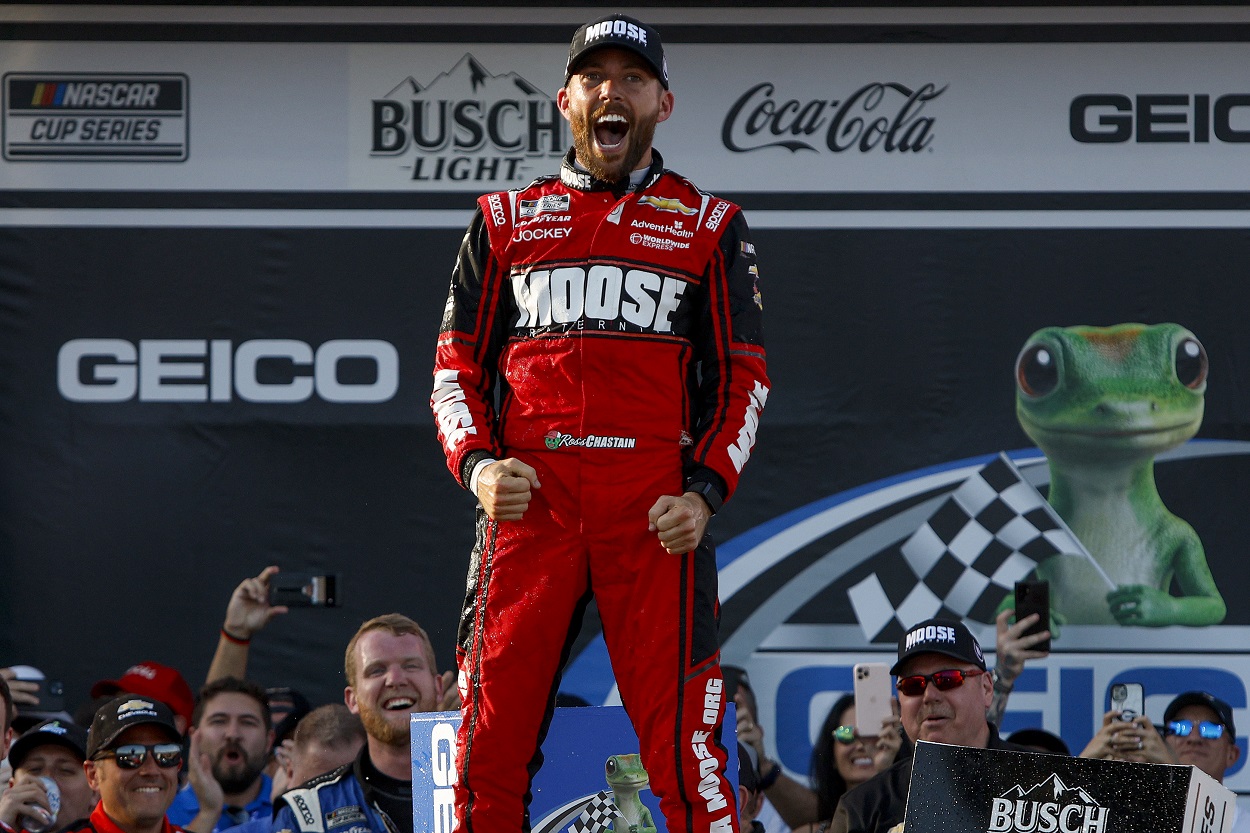 Ross Chastain celebrates his win at the 2022 NASCAR Cup Series Geico 500 at Talladega Superspeedway