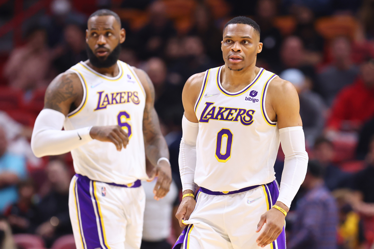 Los Angeles Lakers stars LeBron James and Russell Westbrook during a game against the Miami Heat.