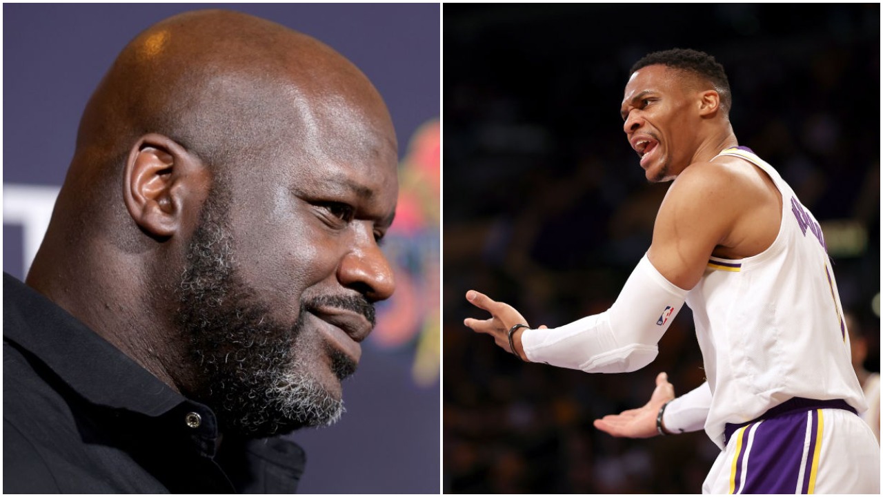 Former LA Laker Shaquille O'Neal (L) and current Lakers Russell Westbrook (R)