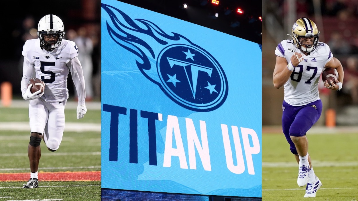 (L-R) Penn State WR Jahan Dotson, Tennessee Titans logo at the 2019 NFL Draft, Washington TE Cade Otton. Dotson and Otton are picks in this Tennessee Titans mock draf.