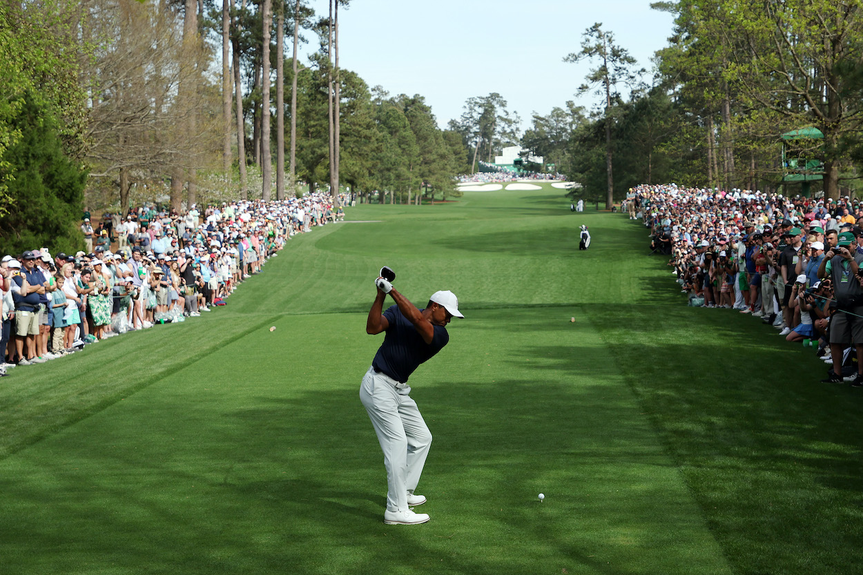 Tiger Woods hits a tee shot during a Masters practice round.