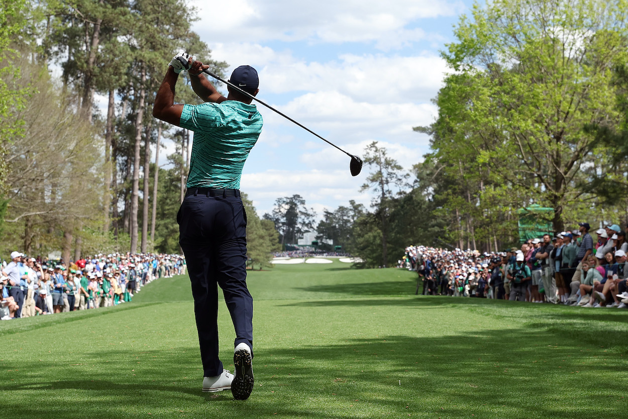 Tiger Woods hits a tee shot during The Masters.