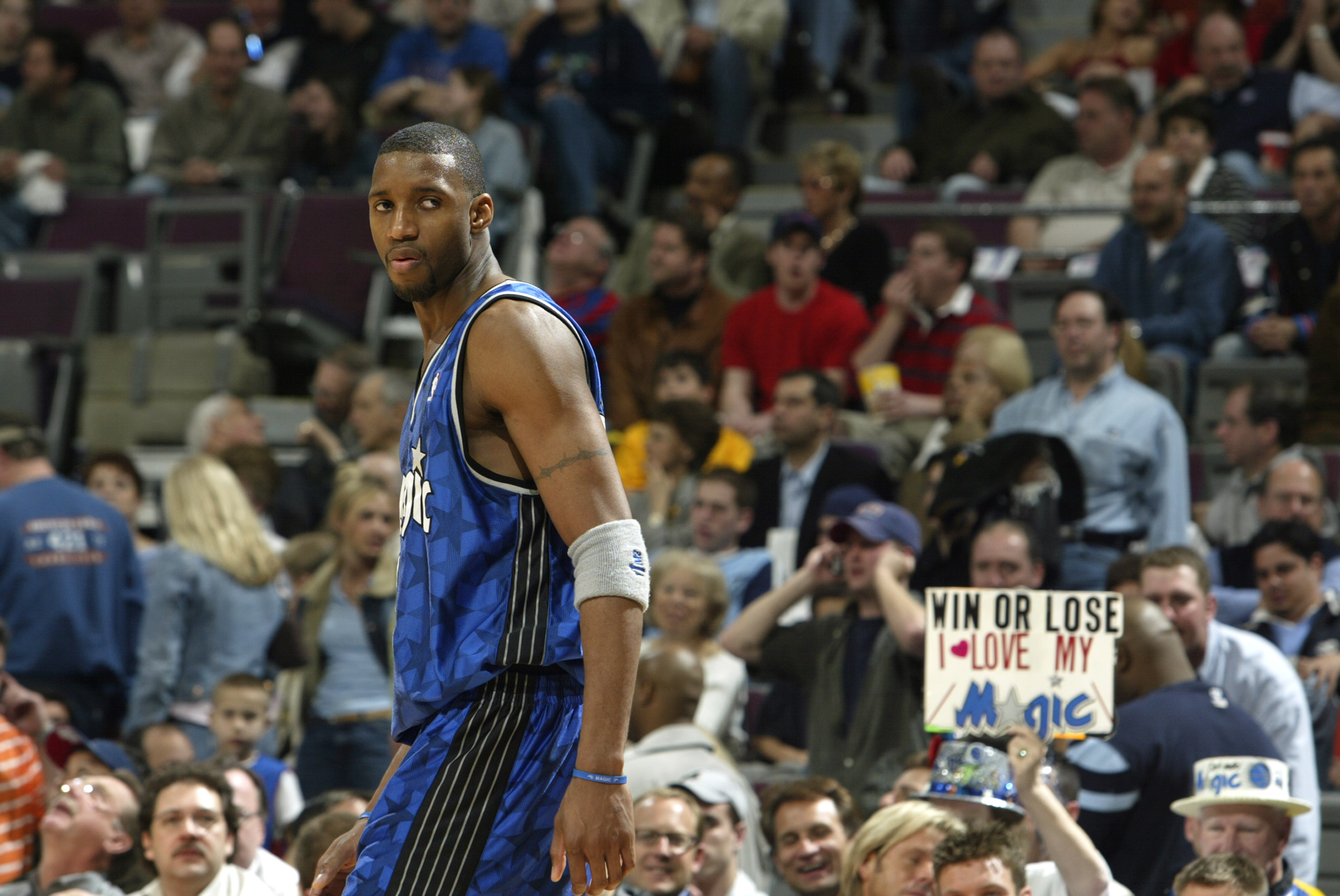 Tracy McGrady looks on during a game against the Detroit Pistons in the 2003 NBA Playoffs