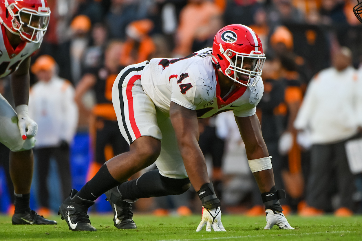 Georgia defensive lineman Travon Walker down and ready for action during the NCAA football game between the Georgia Bulldogs and the Tennessee Volunteers. Peter Schrager says Walker could be the No. 1 overall pick by the Jacksonville Jaguars in the 2022 NFL Draft.