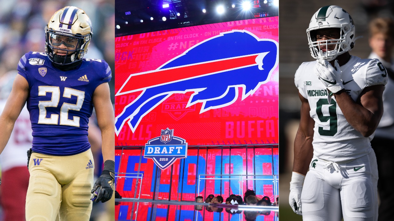 (L-R) Washington CB Trent McDuffie, Buffalo Bills logo at the 2018 NFL draft, Michigan State RB Kenneth Walker III. McDuffie and Walker are picks in this Buffalo Bills mock draft