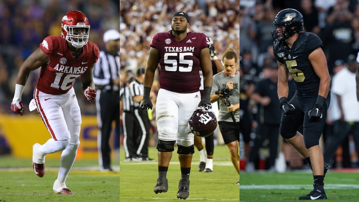 (L-R) Arkansas WR Treylon Burks, Texas A&M guard Kenyon Green, and Purdue DE George Karlaftis could all be targets of the Dallas Cowboys at No. 24 in the 2022 NFL Draft.
