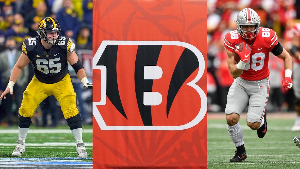(L-R) Iowa center Tyler Linderbaum, the Cincinnati Bengals, and Ohio State tight end Jeremy Ruckert. Linderbaum and Ruckert are picks in this Cincinnati Bengals mock draft.