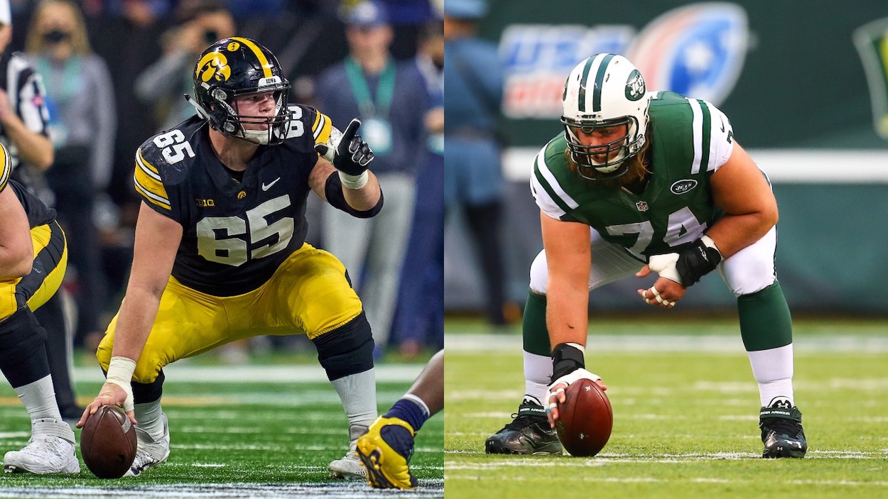 (L-R) Iowa NFL draft prospect Tyler Linderbaum; New York Jets legend Nick Mangold.