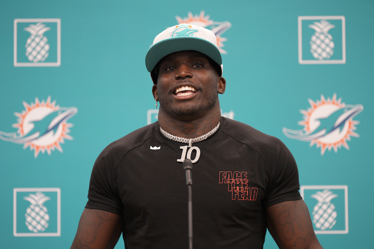 Tyreek Hill speaks with the media after being traded to the Miami Dolphins from the Kansas City Chiefs.