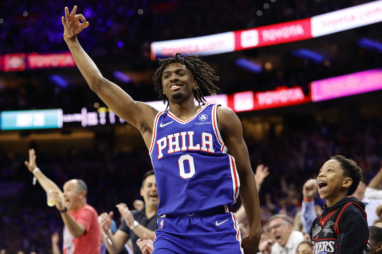 Tyrese Maxey celebrates against the Raptors.