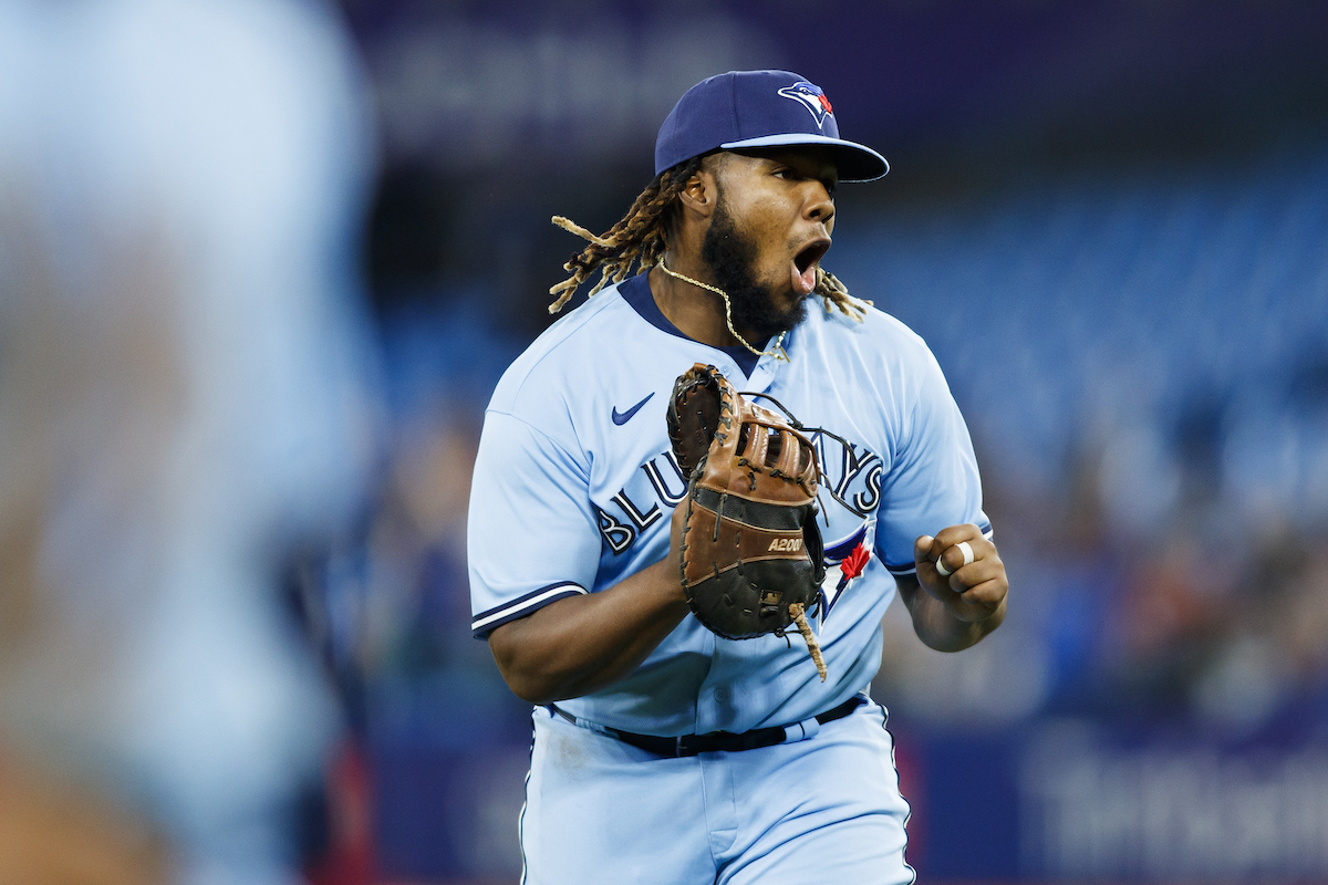 Vladimir Guerrero Jr. celebrates for the Toronto Blue Jays.