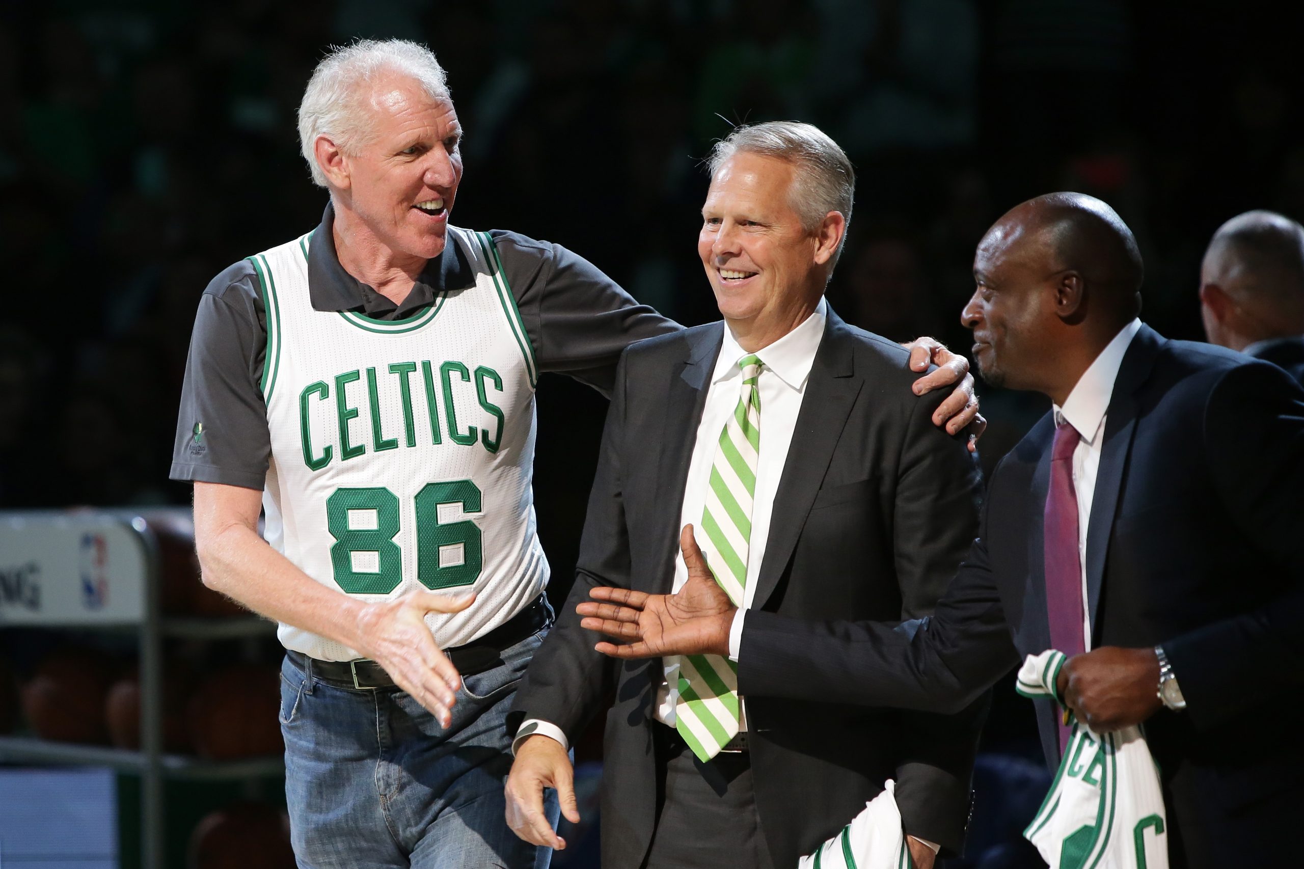 Members of the Boston Celtics 1986 championship team Bill Walton and Danny Ainge are honored at halftime of the game between the Boston Celtics and Miami Heat.
