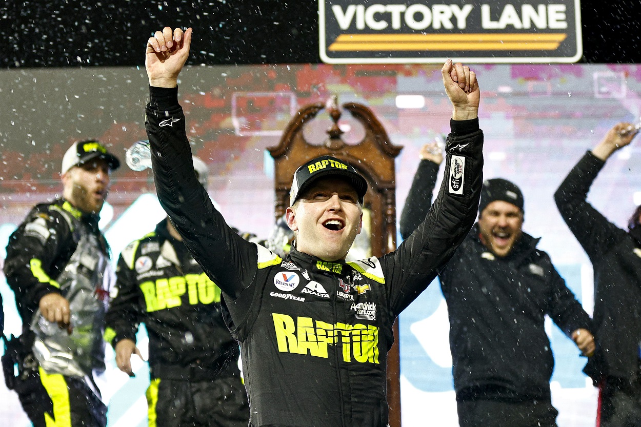 William Byron celebrates winning the 2022 NASCAR Cup Series Blue-Emu Maximum Pain Relief 400