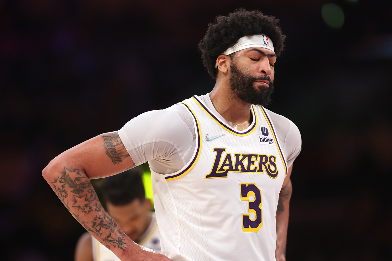 Los Angeles Lakers big man Anthony Davis closes his eyes and sighs after a loss.