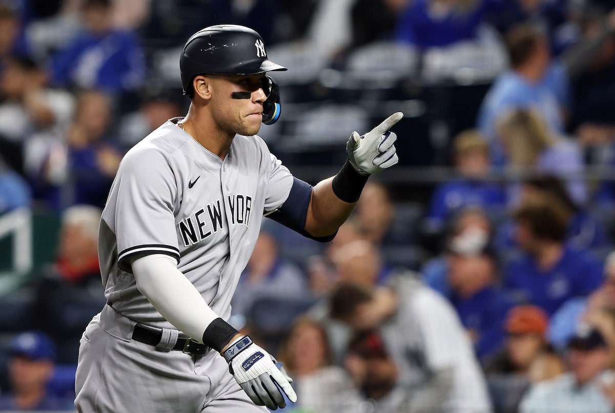 Aaron Judge celebrates a three-run homer against the Kansas City Royals.