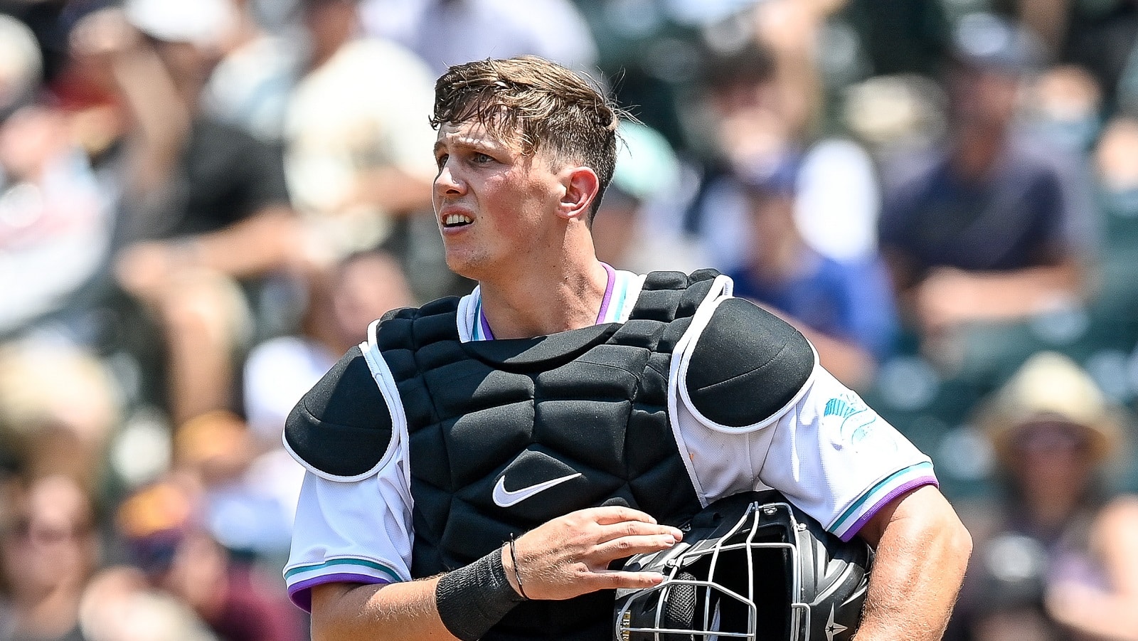 Adley Rutschman looks on during a minor-league all-star game at Coors Field on July 11, 2021, in Denver, Colorado.