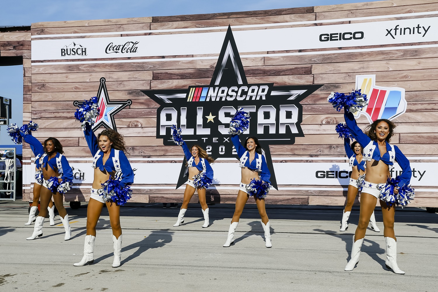 The Dallas Cowboys Cheerleaders perform before the NASCAR Cup Series All-Star race on June 13, 2021 at Texas Motor Speedway.