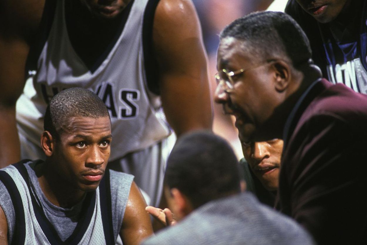 Allen Iverson and John Thompson in a Georgetown huddle.