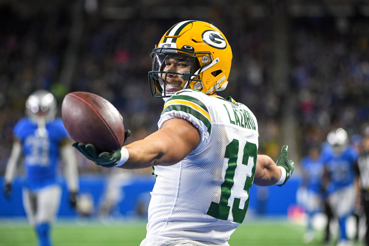 Allen Lazard of the Green Bay Packers celebrates after catching a touchdown pass.