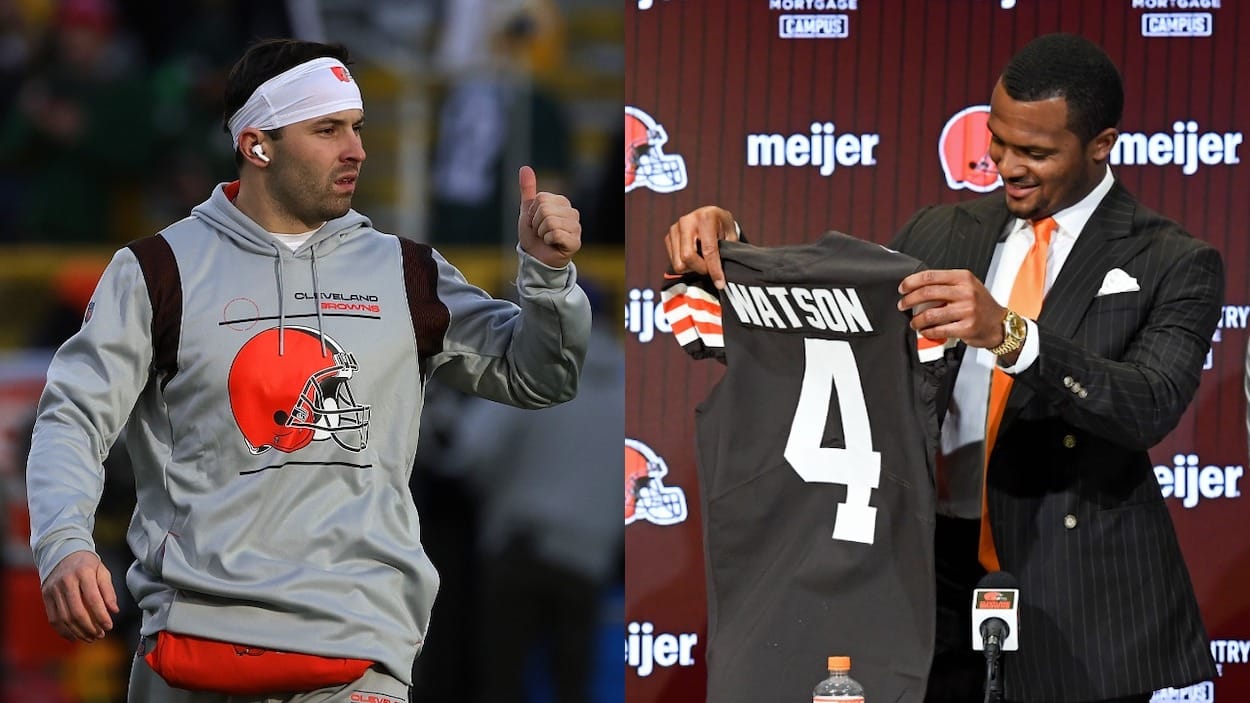 Cleveland Browns QBs (L-R) Baker Mayfield and Deshaun Watson. Mayfield is not joining Watson on a trip to the Bahamas