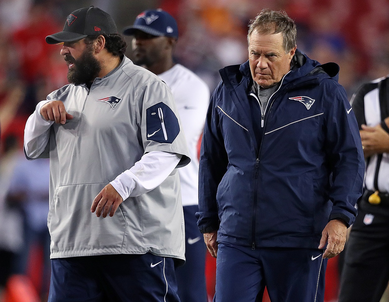 Bill Belichick and Matt Patricia during a New England Patriots-Tampa Bay Buccaneers matchup in October 2017