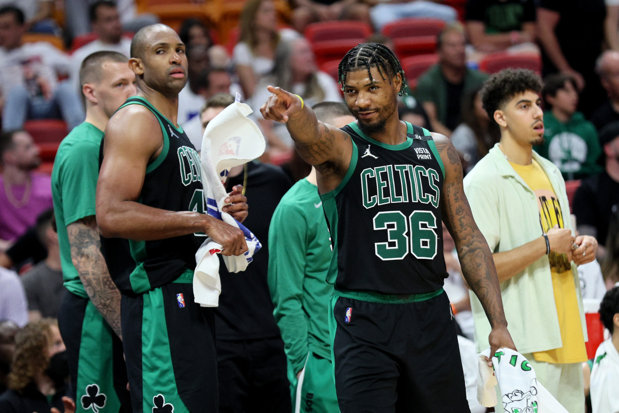 Marcus Smart of the Boston Celtics reacts against the Miami Heat.