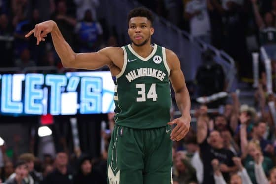 Giannis Antetokounmpo with a Motorola 'M' on his Bucks jersey