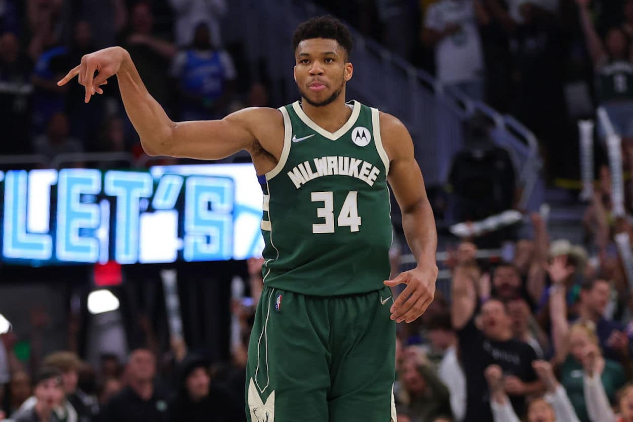 Giannis Antetokounmpo with a Motorola 'M' on his Bucks jersey