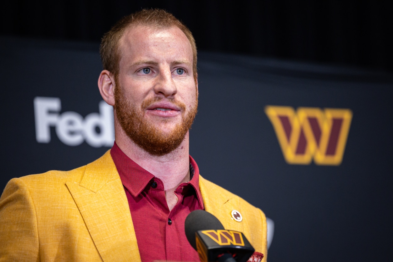 Washington Commanders quarterback Carson Wentz during a press conference in 2022.