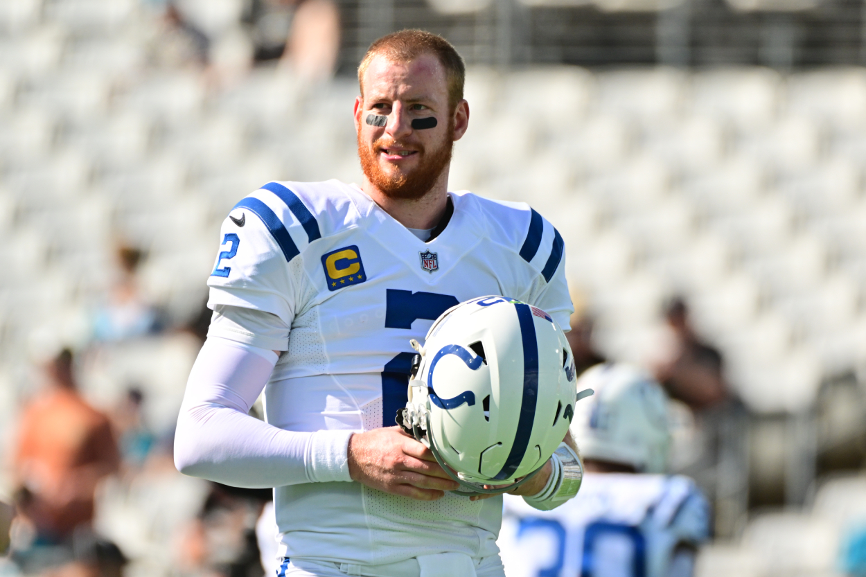 Former Indianapolis Colts quarterback Carson Wentz before a game in January 2022.