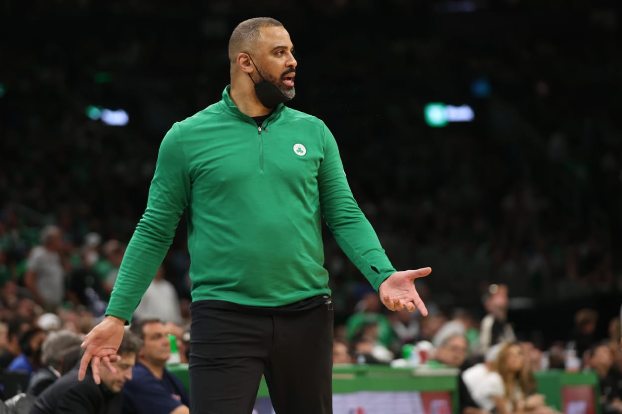 Head coach Ime Udoka of the Boston Celtics reacts against the Miami Heat.