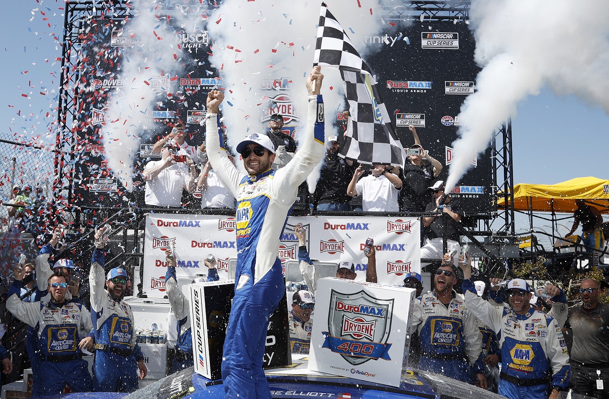 Chase Elliott celebrates his win at the 2022 NASCAR Cup Series DuraMAX Drydene 400 presented by RelaDyne at Dover Motor Speedway