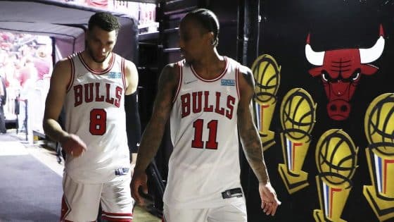 Chicago Bulls guard Zach LaVine and forward DeMar DeRozan head to the locker room after playing the Milwaukee Bucks