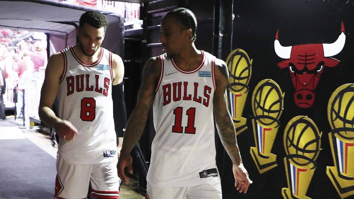 Chicago Bulls guard Zach LaVine and forward DeMar DeRozan head to the locker room after playing the Milwaukee Bucks