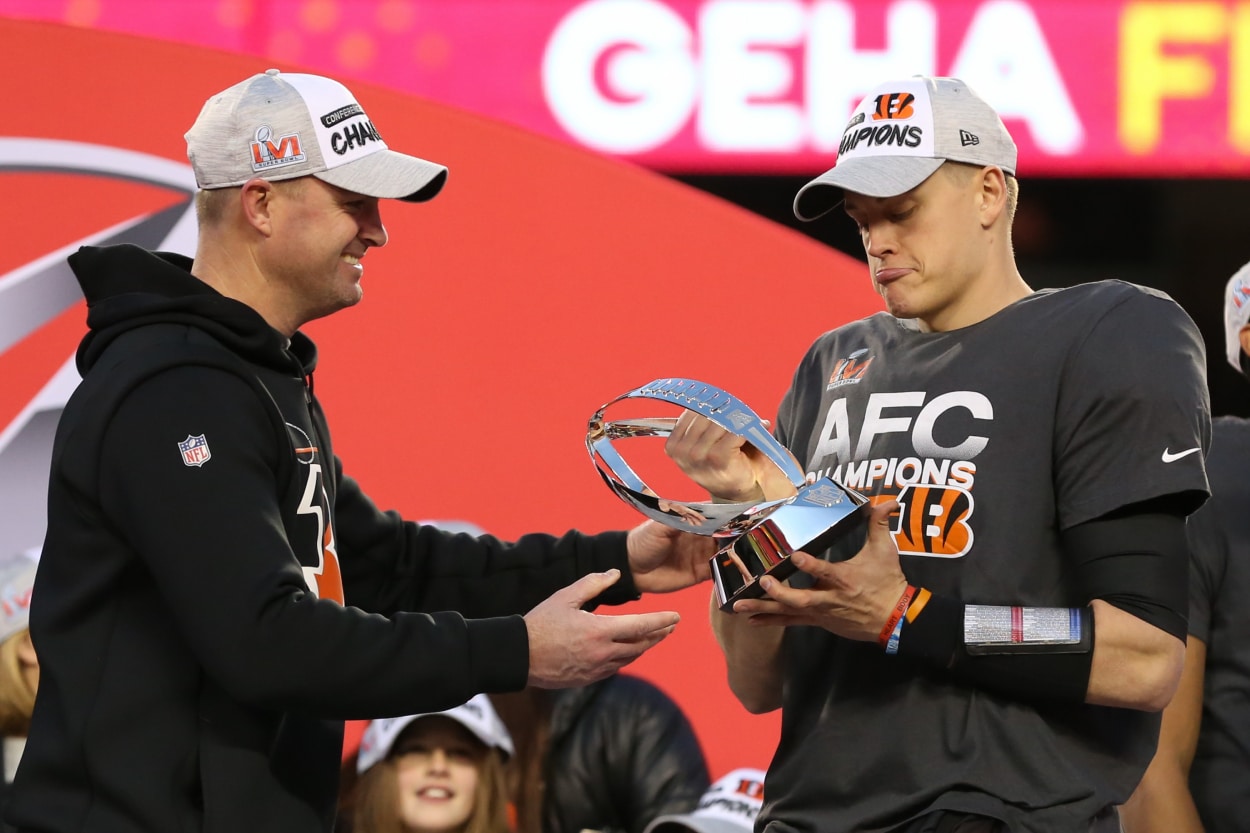 Cincinnati Bengals head coach Zac Taylor and quarterback Joe Burrow after the AFC Championship Game.