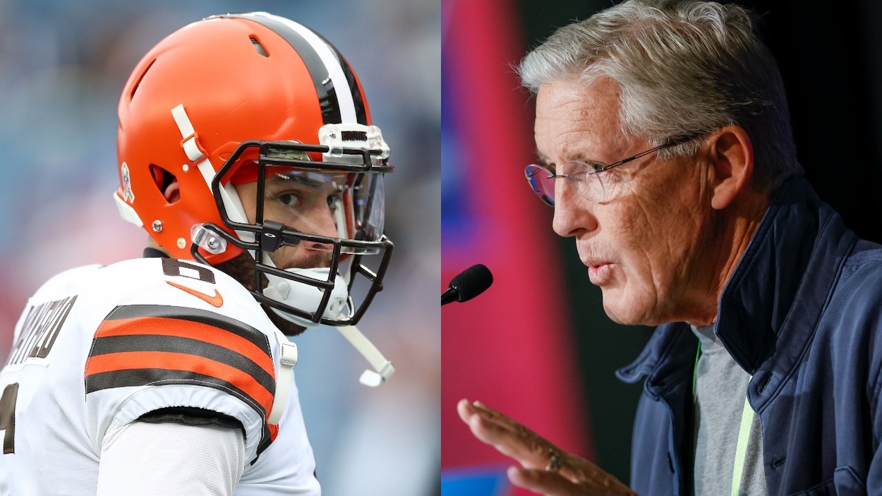 (L-R) Cleveland Browns QB Baker Mayfield and Seattle Seahawks head coach Pete Carroll